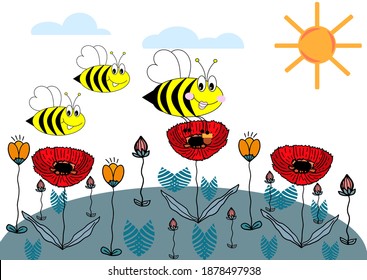 Three  funny bee flying in the meadow with flowers, white background. Vector illustration  in a doodle style.