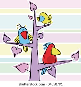 Three funny birdies on a pink tree