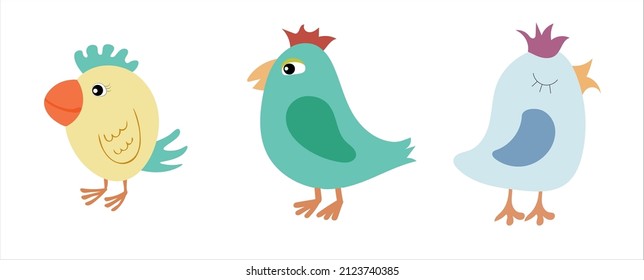 Tres personajes de pájaros divertidos, íconos de chicas planas de color, un grupo de dibujos animados de aves divertidas