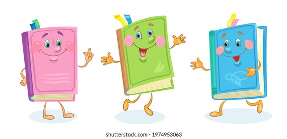 Three funny books in colorful covers with smiling faces. In cartoon style. Isolated on white background. Vector flat illustration