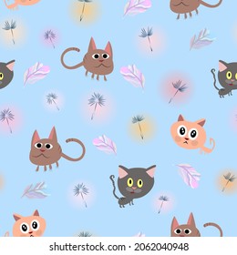 Three funny cartoon cats among dandelion fluffs. Pattern. Vector illustration