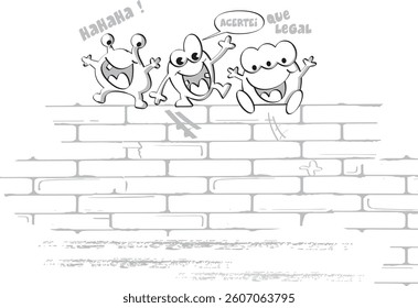 Three funny cartoon characters celebrating on a brick wall