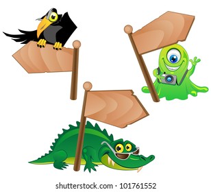 three funny cartoon characters - the Crow, Alien and Alligator with wood pointers.