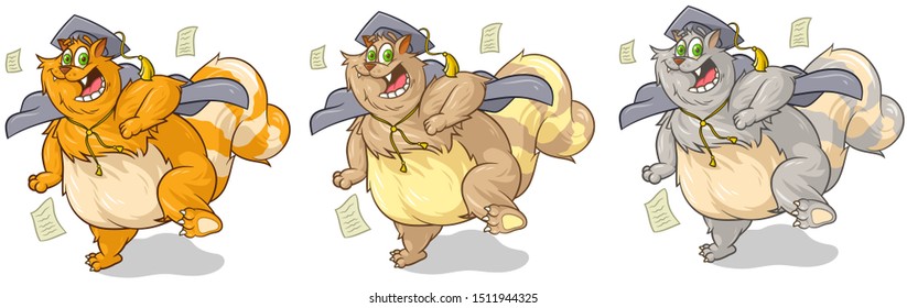 Three funny cartoon colored fat cats in graduation robes