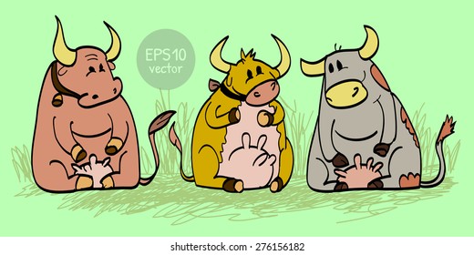 Three funny cartoon cow