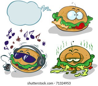 Three funny cartoon hamburgers.