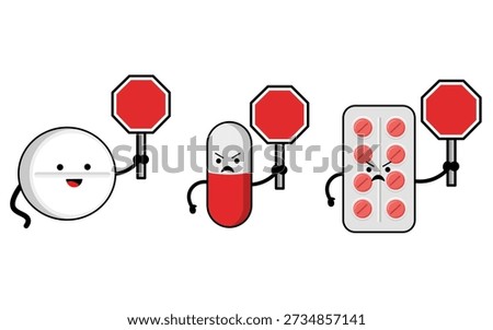 Three funny cartoon medicine characters, including a tablet, capsule, and blister pack, are holding red stop signs, illustrating a concept of warning, prohibition, or refusal regarding drug use.