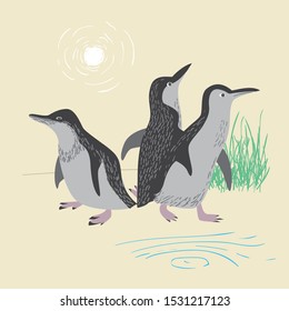 Three funny cartoon penguins. Australian wildlife scene vector illustration.