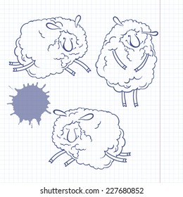 Three funny cartoon sheep. Doodle set, sketch, vector illustration.