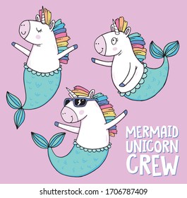 Three funny cartoon unicorn mermaids or seahorses. Vector illustration. 