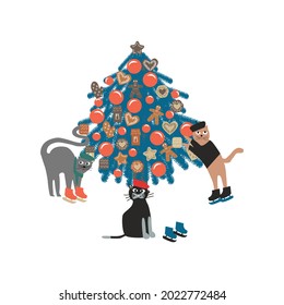 Three funny cats in skates stand near the Christmas tree which is decorated with Christmas cookies. Vector illustration 