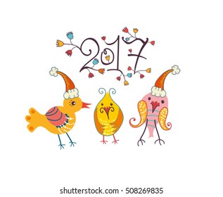 Three funny chicken in Christmas cap. 2017. Merry Christmas and Happy New Year! 