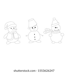 Three funny Christmas snowmen. Outline vector illustration.