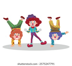 three funny clowns in colorful clothes doing acrobatics, vector illustration on white background.