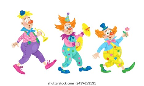 Three funny clowns follow each other and play musical instruments. In cartoon style. Isolated on white background. Vector flat illustration.