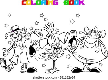Three funny clowns performs at the circus arena. Illustration done in cartoon style, made in black outline for coloring book, on separate layers.