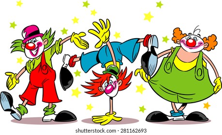 Three funny clowns performs at the circus arena.Illustration done in cartoon style, on separate layers