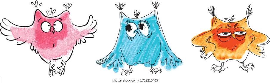 Three funny colored owls. Vector drawing.