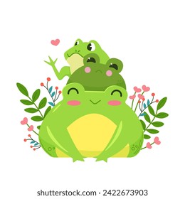 Three funny cute green frogs sitting surrounded by spring flowers. Kawaii characters in cartoon style. Illustration isolated