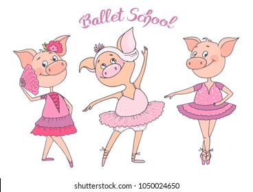 Three funny cute pigs are in a beautiful dresses and pointe shoes dancing ballet. Can be used for postcards, invitations, prints for clothes, emblems of the ballet school. Cartoon style.