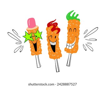 Three funny drawn corn dogs. Fast food vector illustration.