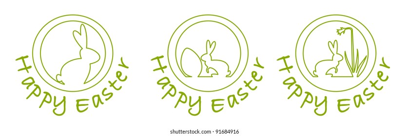Three funny Easter stamps with bunnies, eggs, and daffodil