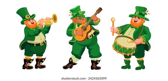 Three funny fat musicians in leprechaun costumes. People with a guitar, trumpet, drum. Cartoon characters in flat style isolated on white. Illustration for St. Patricks Day,  Irish holiday. Vector.