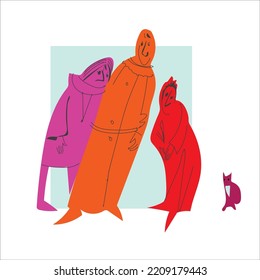 Three funny figures and a cat - vector illustration for postcards, flyers, banners, invitations, greetings.