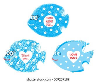 Three funny fish on white background