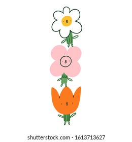 Three funny flower characters, vector illustration