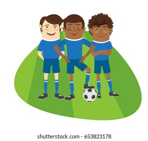 Three Funny football soccer players team standing on the soccer grass field with football ball. Blue t-shirts and shorts. Flat style design set. Vector Illustration.
