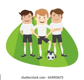 Three Funny football soccer players team standing on the soccer grass field with football ball. White t-shirts and black shorts. Flat style design set. Vector Illustration.