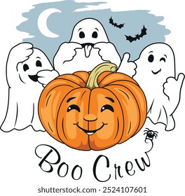 Three funny ghosts and smiling Halloween pumpkin. Boo crew. Vector