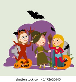 Three funny girls in scary costumes of witch, devil and super woman for halloween celebration. Cemetery with tombstones, crosses, bats and carved pumpkins. Trick or treat. Vector