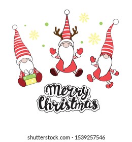 Three funny gnome santa and the inscription merry christmas on a white background