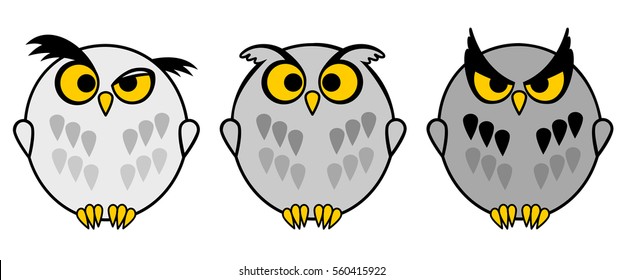 Three funny gray owls with bright yellow eyes. Vector illustration isolated on white background