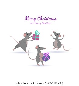 Three funny happy rats.
Two rats give the Christmas presents to third rat. Cartoon vector isolated  illustration in flat style on white background with lettering.