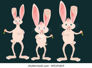 Three funny hares smiling character