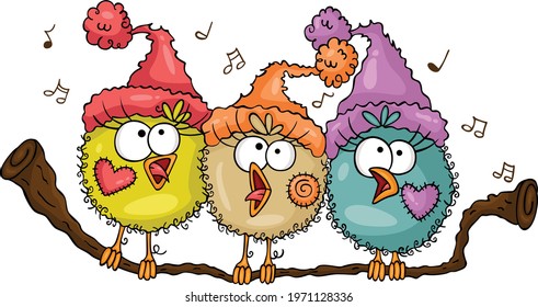 Three funny little birds singing

