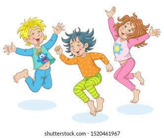 Three funny little child in pajamas are jumping. In a cartoon style. Isolated on white background. Pajama party. Vector illustration.