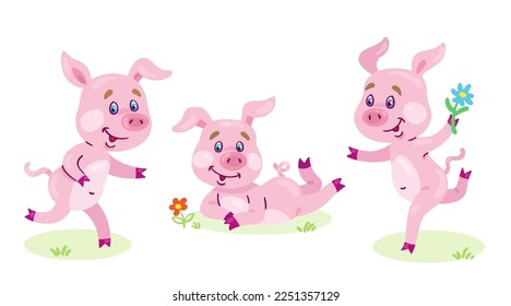 Three funny little piglets. In cartoon style. Isolated on white background. Vector flat illustration