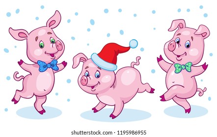 Three funny little piglets- symbols of the new year are dancing in  winter. In cartoon style.  Isolated on white background. Vector illustration.