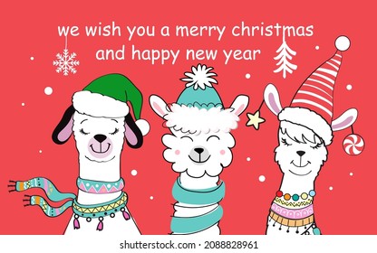 Three funny llamas and inscription we wish you a merry christmas and happy new year. Vector cartoon illustration