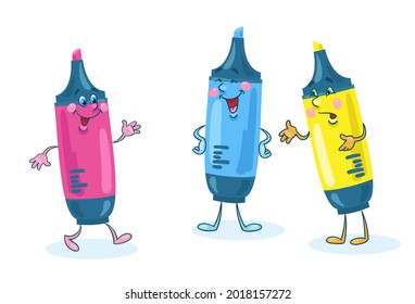 Three funny markers. School and office supplies. In cartoon style. On a white background. Vector flat illustration.