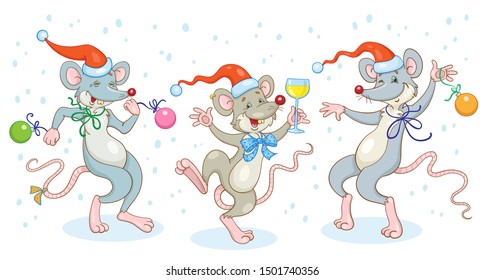 Three funny mice - symbols of the New Year are  dancing. In cartoon style. Isolated on a white background. Vector illustration.
