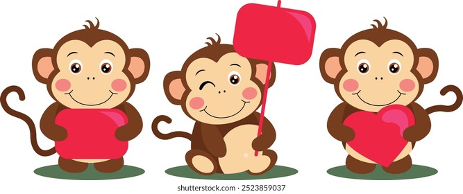 Three funny monkeys holding a red sign boards and heart