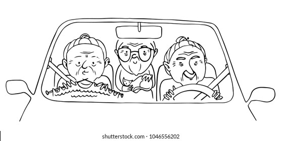 Three funny old ladies in a car. Vector isolated hand drawn contour illustration.