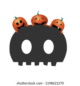 Three funny orange pumpkins on the scary skull isolated on white background