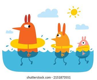 Three funny orange rabbits looking like chickens swimming in the sea on vacation, cartoony illustration - vector version 