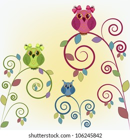Three funny owl on the branches